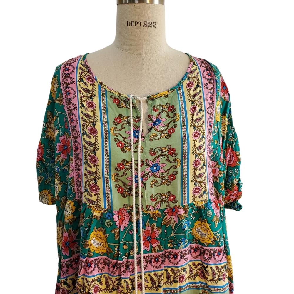 Shein Colorful Green Pink‎ Yellow Tassel Boho Peasant Floral Top Size 1XL
